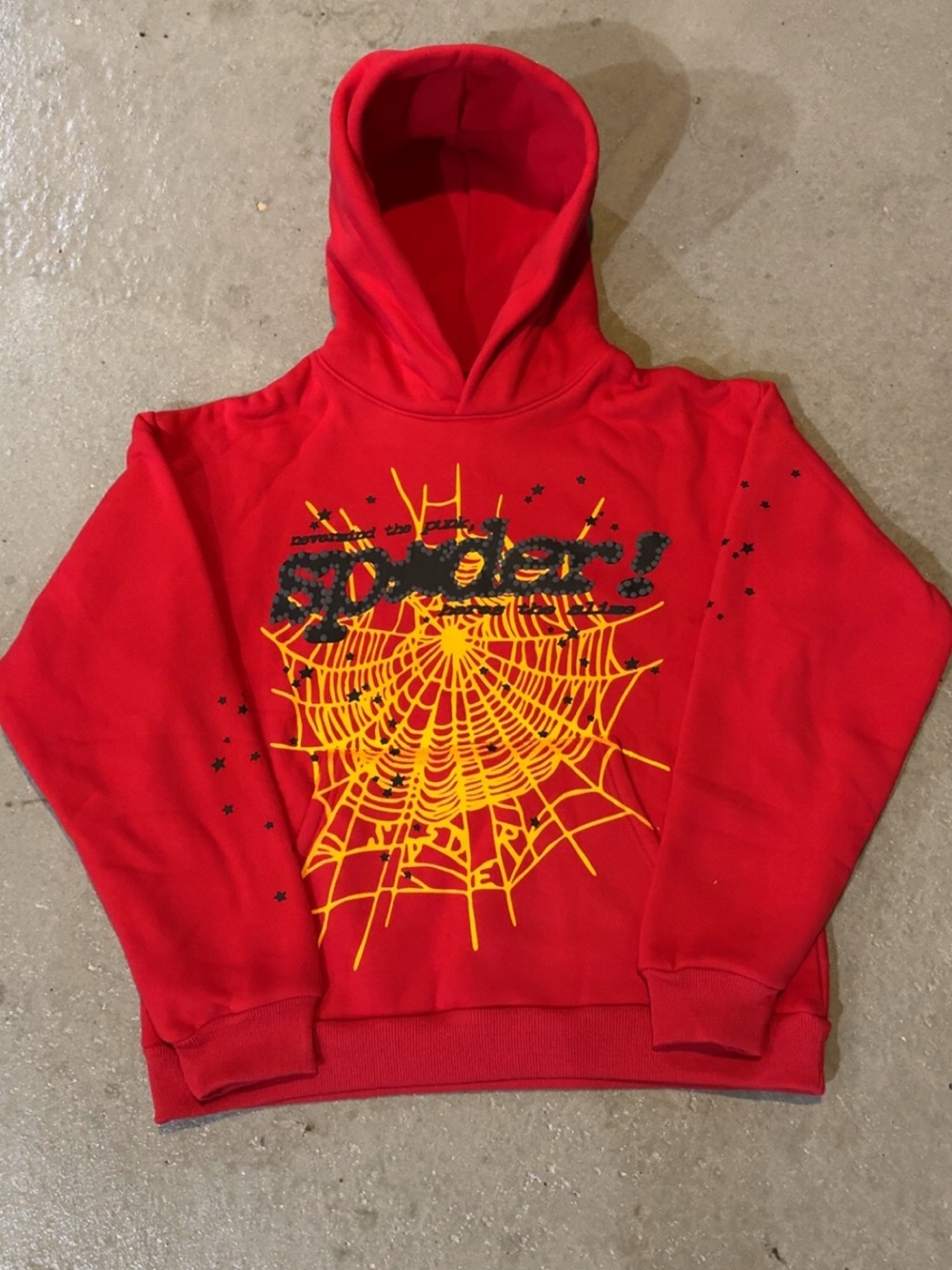 Red Graphic Pullover Hoodie with Yellow Spiderweb Print